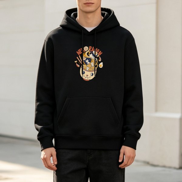 Black hoodie with cute cat ramen bowl graphic design