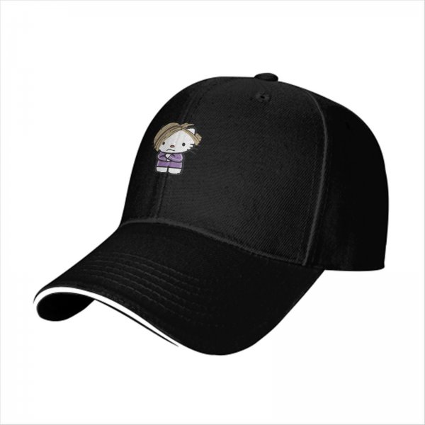 Black baseball cap with grumpy cartoon cat graphic