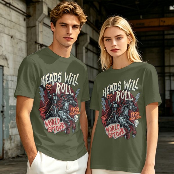 Olive graphic t-shirt featuring Headless Horseman 'Heads Will Roll World Tour' print