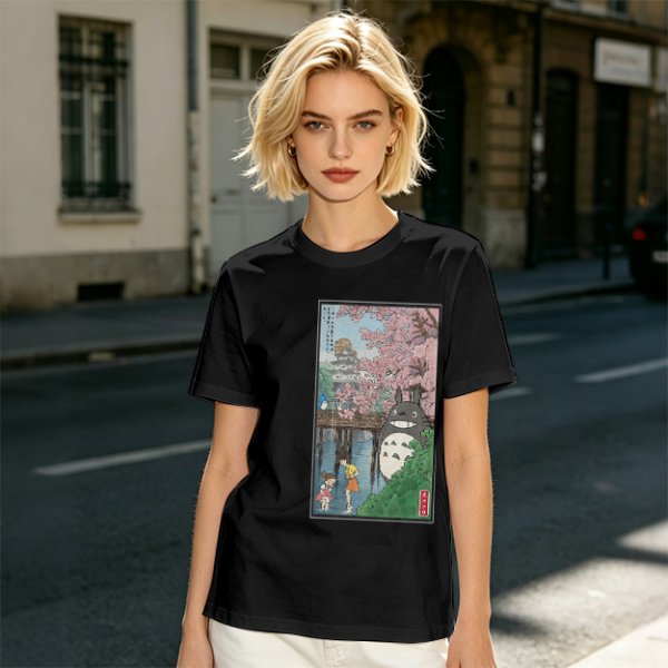 Olive T-shirt with Totoro cherry blossom Japanese woodblock print