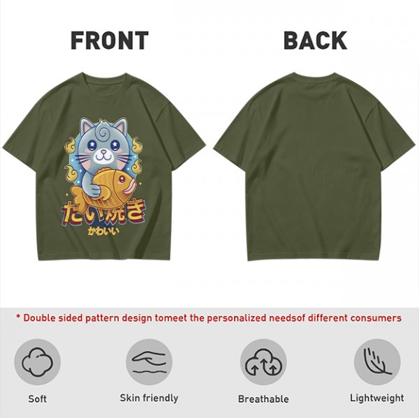 Olive green t-shirt with cute gray cat holding taiyaki graphic