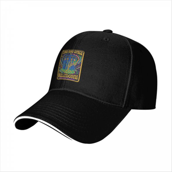 Black baseball cap with Time and Space Meltdown psychedelic TARDIS graphic