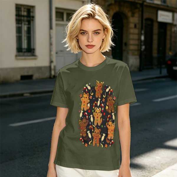 Olive T-Shirt With Cute Gingerbread Animal Christmas Print