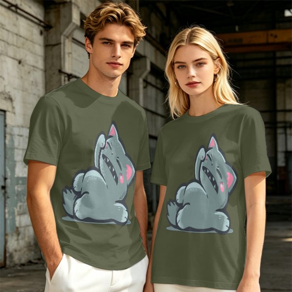 Olive T-Shirt With Embarrassed Gray Cat Graphic Print