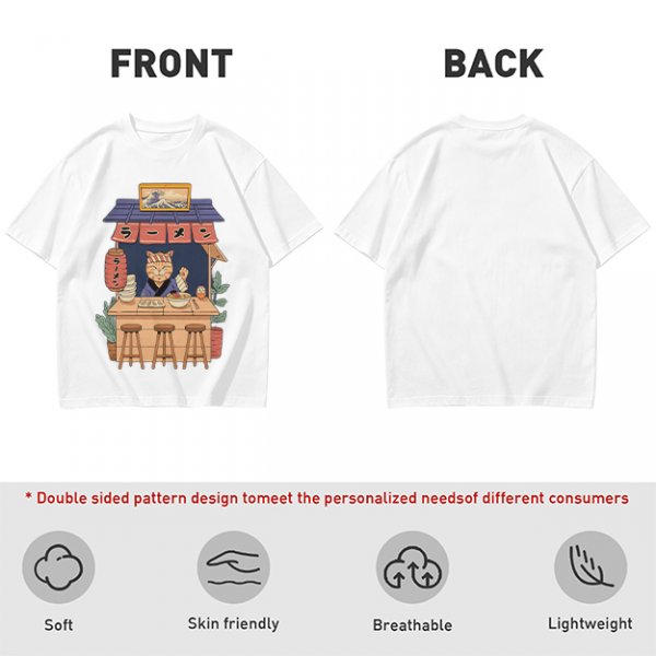 Olive T-Shirt with Cat Ramen Shop Artwork