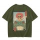 Olive T-shirt with Samurai Cat Riding Giant Frog Japanese Art Print