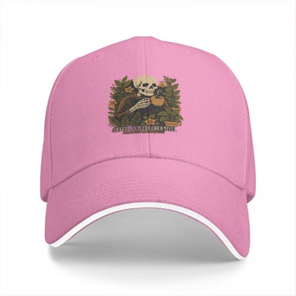 Black baseball cap with skeleton holding coffee and plants design