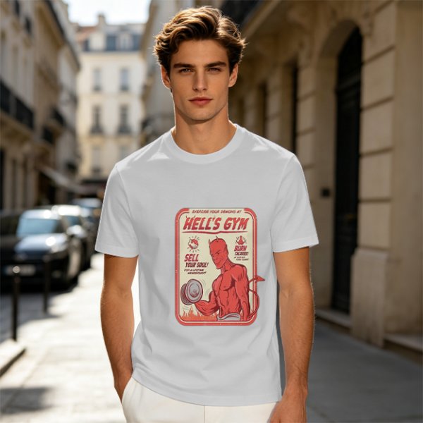 Olive T-shirt with Hell's Gym Devil Lifting Dumbbell Graphic