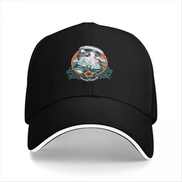 Black Baseball Cap With Sailor Cat Nautical Tattoo Art Print