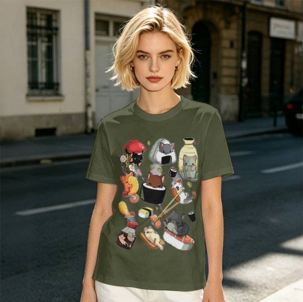 Olive T-Shirt With Cute Sushi Cat Illustrations