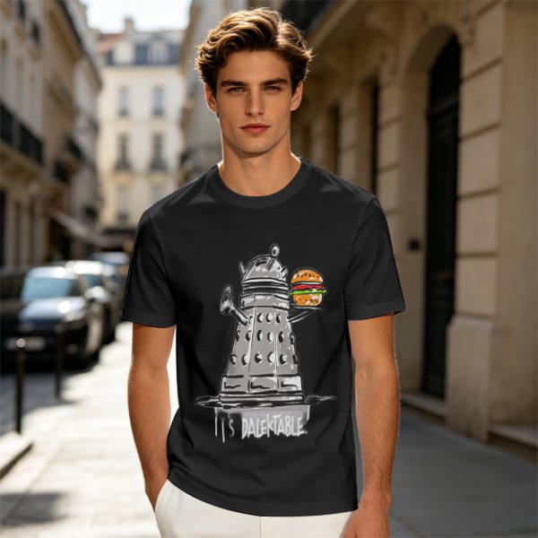 Olive t-shirt with Dalek holding burger and 'It's Dalektable' print