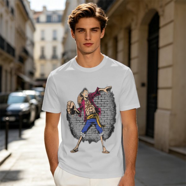 Olive T-Shirt with Monkey D Luffy Breaking Through Brick Wall Art