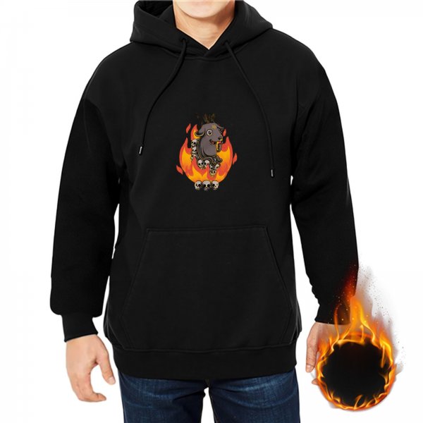 Black hoodie with cartoon devil on flames and skulls graphic