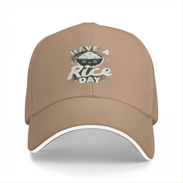Black baseball cap with 'Have A Rice Day' kawaii rice bowl graphic