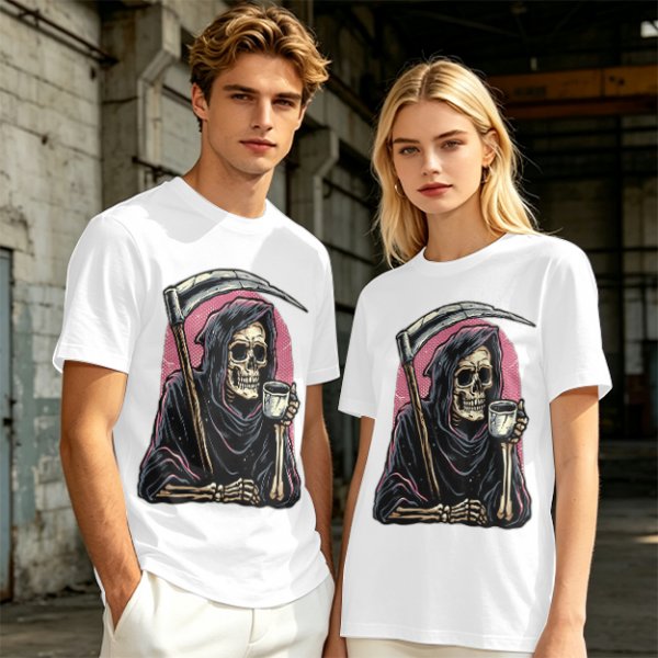 Olive T-Shirt Featuring Grim Reaper Holding Coffee and Scythe