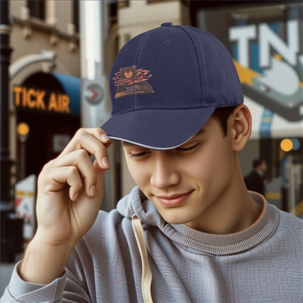 Black baseball cap with a bear holding a steaming coffee mug print