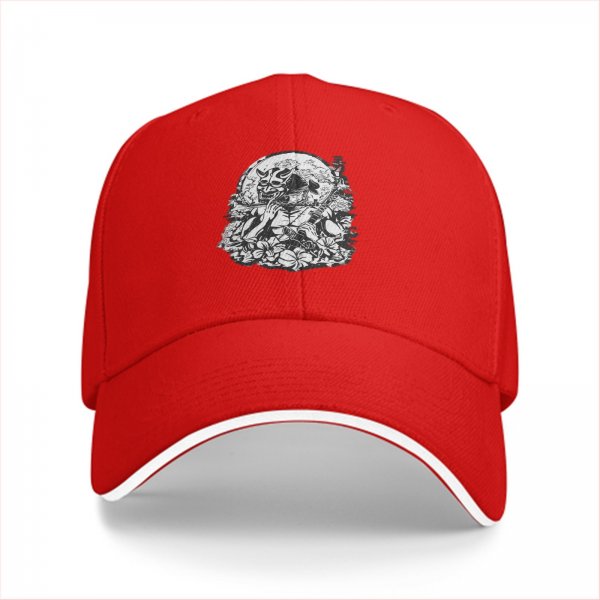 Black Baseball Cap With Japanese Oni Mask Floral Art Print