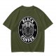 Olive green t-shirt with black goat head and Black Coffee graphic