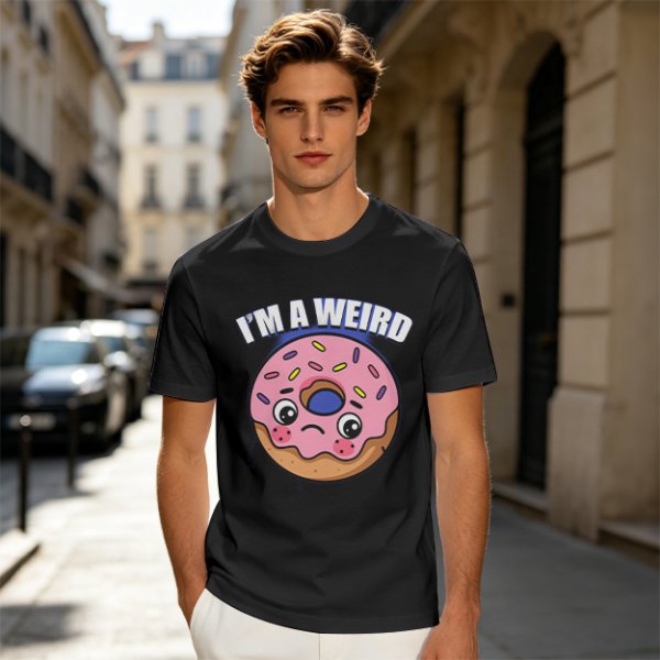 Olive green t-shirt with sad donut graphic and 'I'M A WEIRD' text