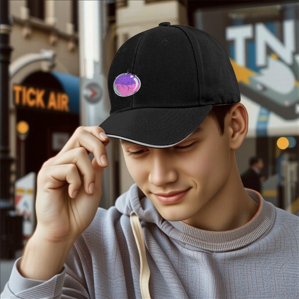 Black Baseball Cap With Colorful Bubble Cat Graphic Print