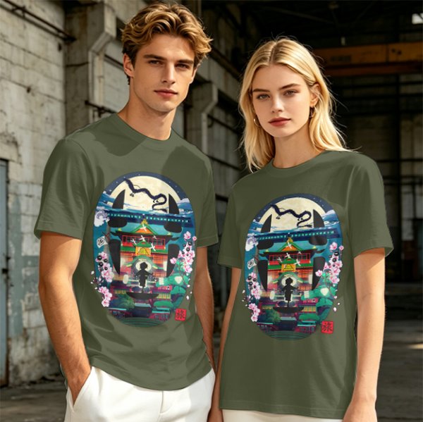 Spirited Away Bathhouse Graphic Tee with No Face and Dragon Art