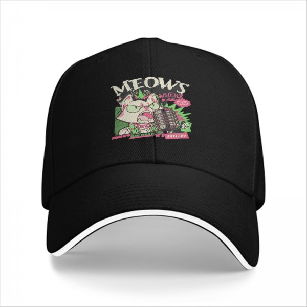 Black baseball cap with punk rock cat graphic design
