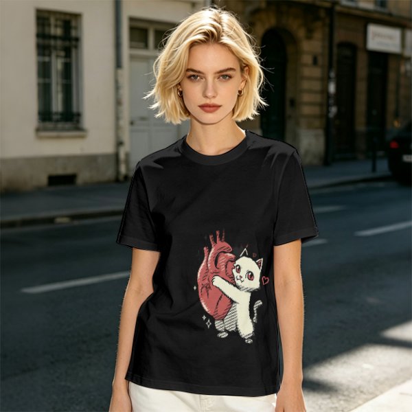 Olive T-Shirt With Cute White Cat Hugging Anatomical Heart Print