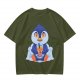 Olive T-shirt with Cute Penguin Drinking Boba Tea Print