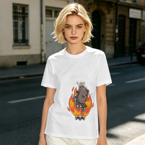 Olive T-Shirt With Cartoon Goat On Flames And Skulls Print