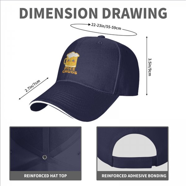 Black baseball cap with cute beer mug graphic and free chugs text