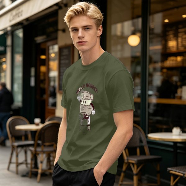 Olive Green T-Shirt with 'Hello Monday!' Coffee Character Graphic