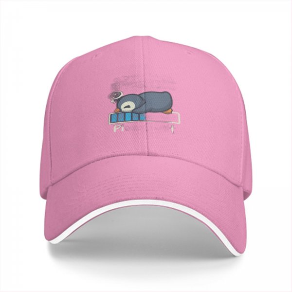 Black baseball cap with sleepy penguin low battery graphic