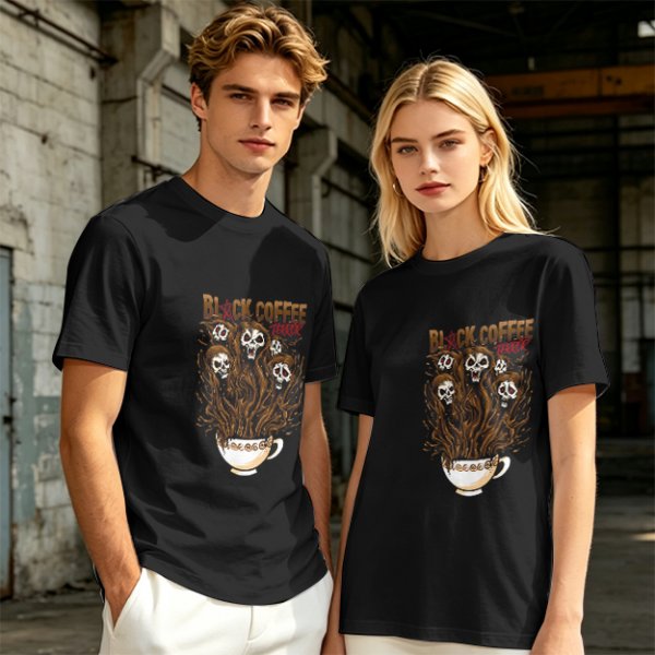Black Coffee Skull Ghosts Graphic Olive Green T-Shirt
