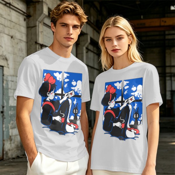 Olive t-shirt with Kiki's Delivery Service window print of girl reading letter
