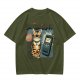 Olive T-Shirt With Grumpy Tabby Cat And Retro Cell Phone Print