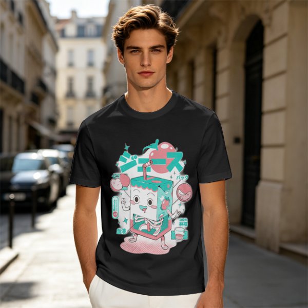 Olive t-shirt with a cartoon apple juice box skeleton graphic