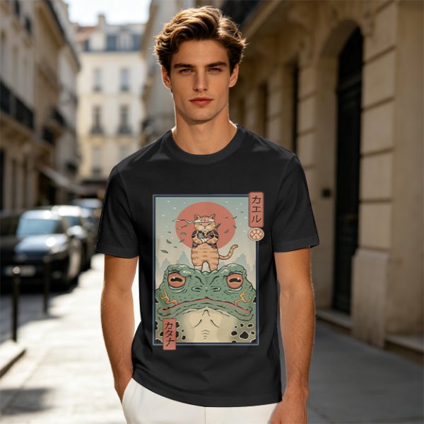 Olive T-shirt with Samurai Cat Riding Giant Frog Japanese Art Print