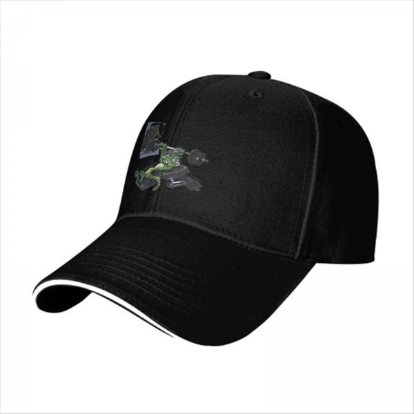 Black baseball cap with a green frog bench pressing weight design