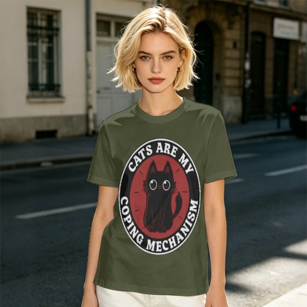 Olive t-shirt with 'Cats Are My Coping Mechanism' and black cat graphic