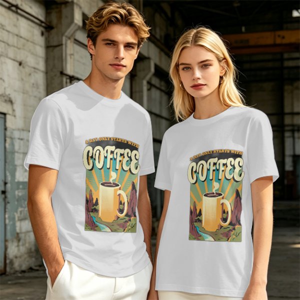 Olive Graphic T-Shirt With Coffee And Mountain Sunrise Design