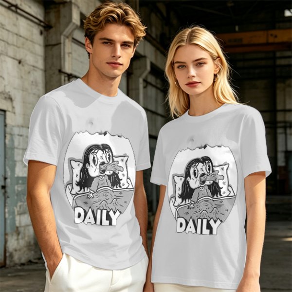Olive green graphic t-shirt with bedridden cartoon girl and 'DAILY' text