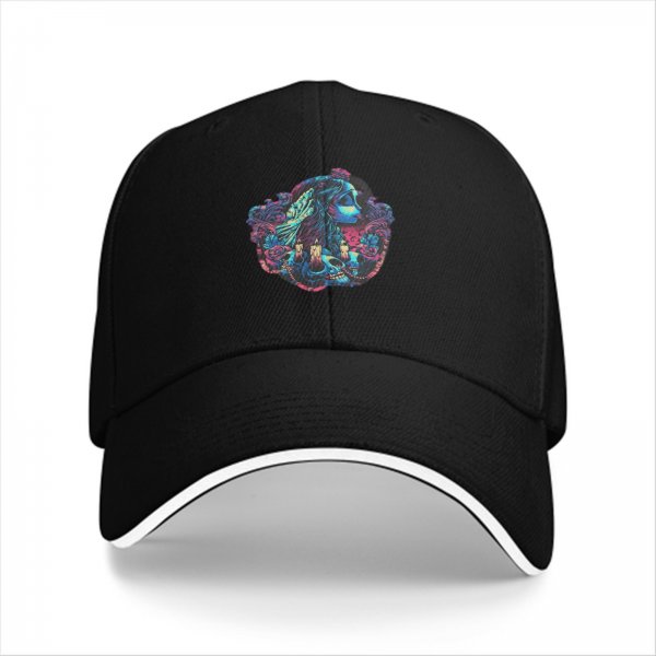Black baseball cap with neon gothic fantasy graphic print