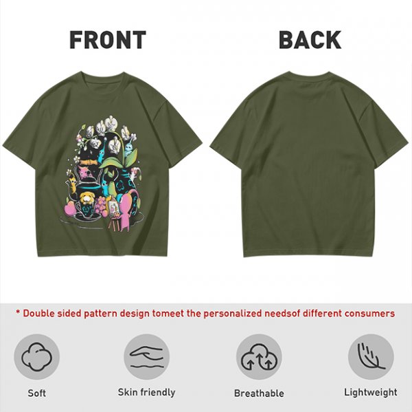 Olive T-Shirt With Whimsical Pikmin Themed Tea Party Art