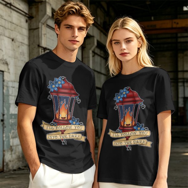 Olive t-shirt with lantern flame graphic and 'I'll follow you into the dark' text