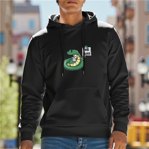 Black hoodie with cartoon snake holding free hugs sign