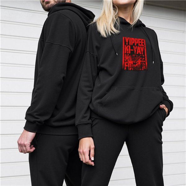 Black hoodie with Yippee Ki-Yay graphic print