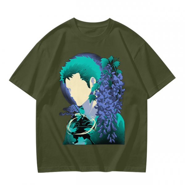 Anime Character Silhouette Wisteria Floral Graphic Olive T-Shirt