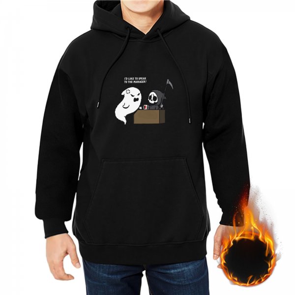 Black hoodie with ghost and grim reaper 'speak to manager' graphic