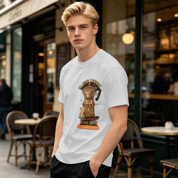 Olive t-shirt with coffee moka pot mouse shop graphic and coffee love quote