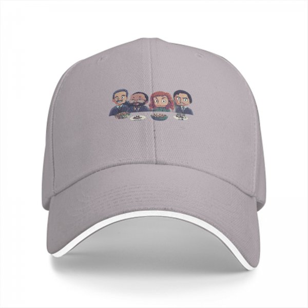Black baseball cap with cartoon characters eating at table print